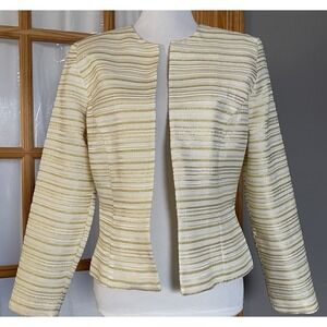 Vtg 80s Blazer Jacket Women's 12 Open Front Glittery Gold Stripes Holiday Formal